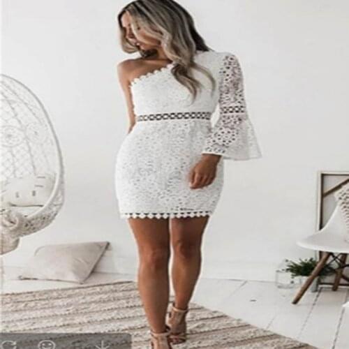 Summer Short Skirt Ladies New Character One-Shoulder Oblique Collar Flared Sleeve Dress Fashion Hollow Stitching Banquet Dress