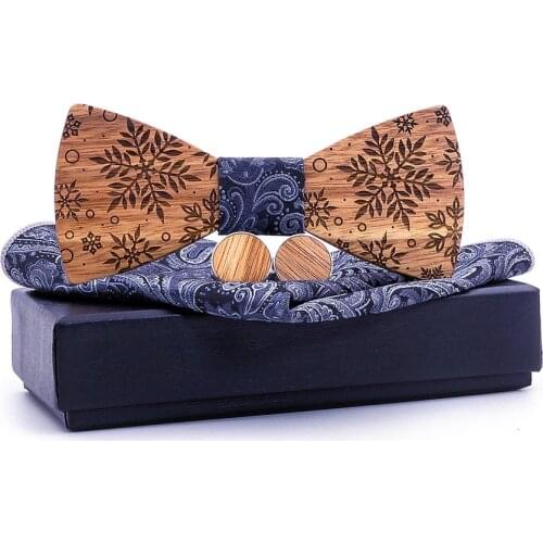 Linbaiway Mens Handkerchief Wood Cufflinks Wooden Bow Tie Set Wedding Snowflake Print Gravatas Wooden Bowtie for Christmas Gift