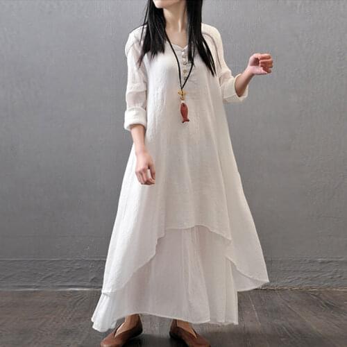 Literary Linen Dress Clothes for Pregnant Women Loose Long-sleeved Maternity Dresses Fake Two-piece Pregnancy Dress