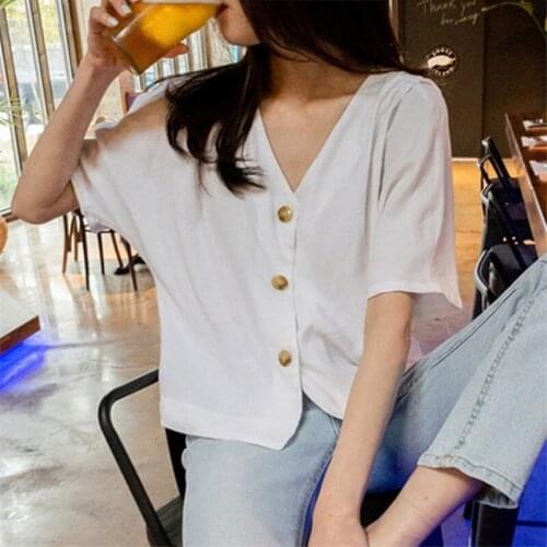 Mazefeng New 2020 Women Summer Blouses Shirts V-Neck Fashionable Single Breasted Casual Cotton and Linen Short Tops Size M-XL