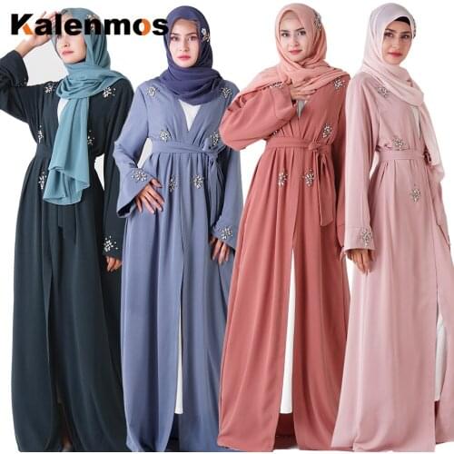 Muslim Open Abaya Dress Kaftan Rhinestone Long Robe Women Outwear Kimono Lace-up Caftan Dubai Jubah Djellaba Islamic Clothing