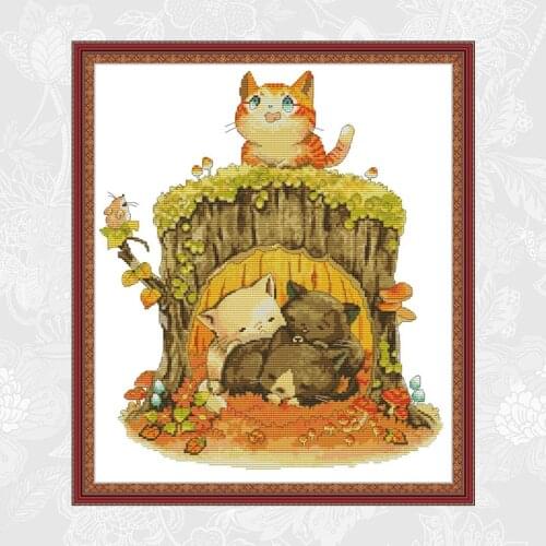 Kitten under the stump Chinses Cross-stitch Kits Printed on Canvas 14CT 11CT DIY Embroidery Handmade Cross Stitch Needlework