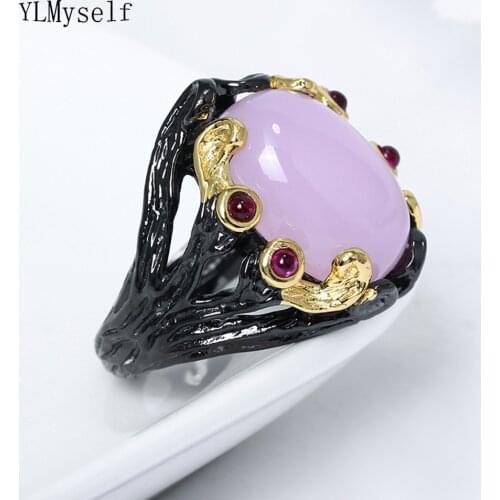 New big oval pink stone rings trendy jewelry lot top quality black gold plate siam crystal fashion finger ring