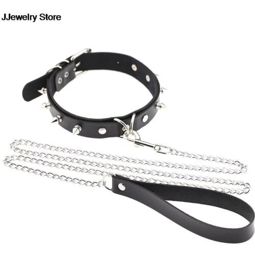 Sexy Rivet Alternative Metal PU Leather Collar Lead Chain Bell Choker Slave Costume BDSM Bondage Necklace Neckband Sex Collar