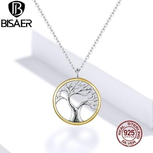 Family Tree BISAER 925 Sterling Silver Tree of Life Pendant Necklaces for Women Sterling Silver Jewelry Collar ECN367