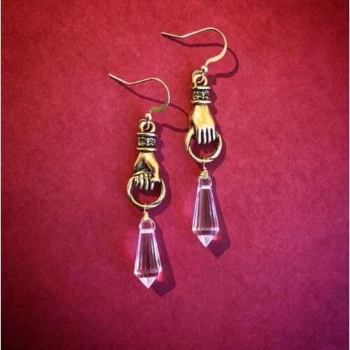 Gold Plated Hands with Crystal Earrings//hand Earrings//hand Jewelry Punk Earrings