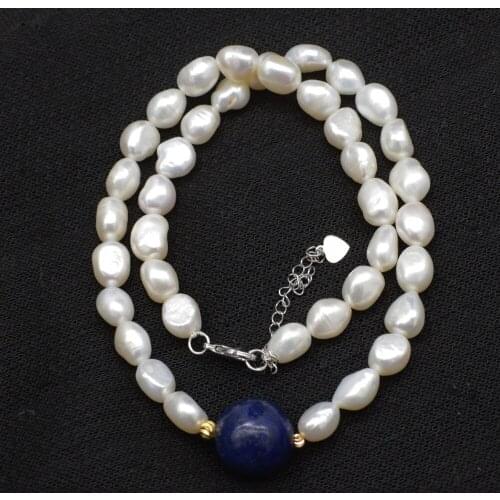 Freshwater pearl white baroque and lapis round 16mm necklace 17inch FPPJ wholesale beads nature