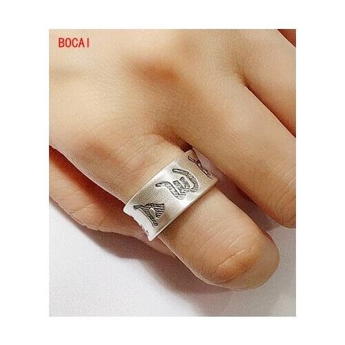Real 990 sterling silver mens and womens frosted six-character mantra open heart sutra ring