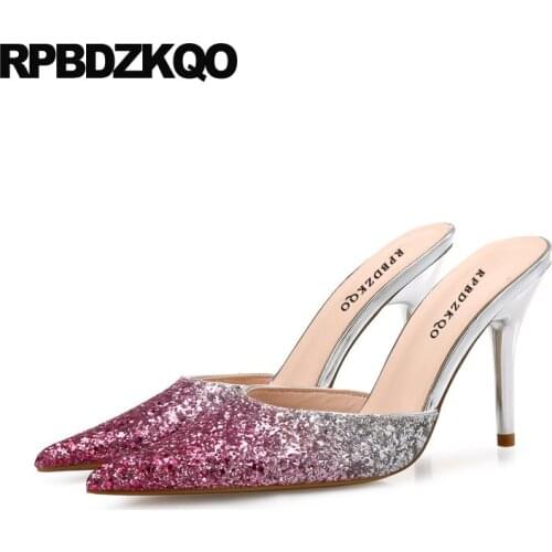 Silver glitter pumps peach size 33 ladies sandals mules slipper women scarpin 2019 pointed toe thin stiletto high heels shoes