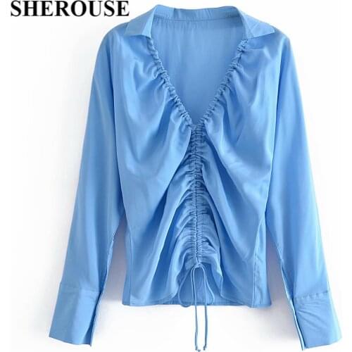 SHEROUSE 2021 Vintage Women Drawstring folds Blouse top Casual Long Sleeves V-Neck Elegant Chic Lady Sexy Shirt Chic Tops Woman