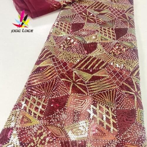 Wine Nigerian Sequins Lace Fabrics 2021 Nigerian Lace Fabrics Embroidery African Tulle French Lace Materials For Women