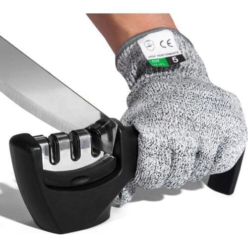 High Quality 3 Levels Knife Sharpener Kitchen Knife Grindstone Accessories to Repai Grind Polish Blade with Cut-Resistant Gloves