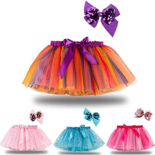 Tutu Skirt Baby Girl Skirts 2 To 11 Years Princess Dance Rainbow Tulle Skirts +Bow Hairpin Girls Clothes Children Clothing 807