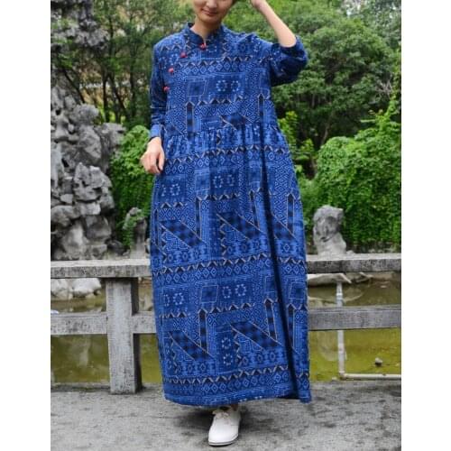 Women Printed Retro Qipao Dress Loose Vintage Cotton Linen Printing Dress Handmade button Dress 2020 Spring Autumn