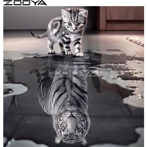 ZOOYA Round Diamond Painting Wall Sticker Diamond Embroidery Cat Reflect The Tiger Pictures Of Rhinestone Cross-Stitch Kit R1728