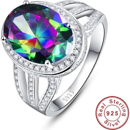 10.2ct Oval Natural Stone Rainbow Fire Mystic Topaz Cocktail Ring For Women Pure 925 Sterling Silver Jewelry Fine Ring