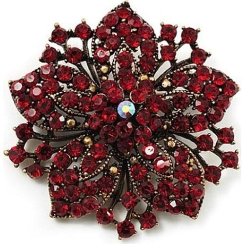 2.2 Inch Vintage Style Bronze Plated Classic Red Rhinestone Crystal Diamante Party Brooch