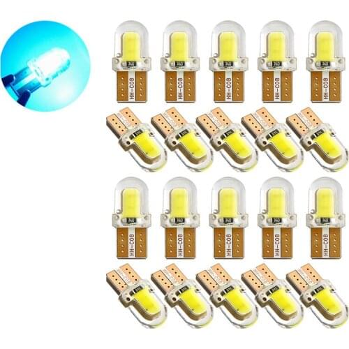 20Pcs Ice Blue T10 168 194 W5W COB 4 Chips Silicone LED Car Bulbs For Clearance Lamps License Plate Lights 12V
