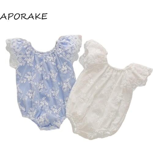 2021 0-12M Princess Newborn Baby Girl Playsuit Flower Embroidery Lace Fly Sleeve O Neck Romper One Piece Outfit For Party