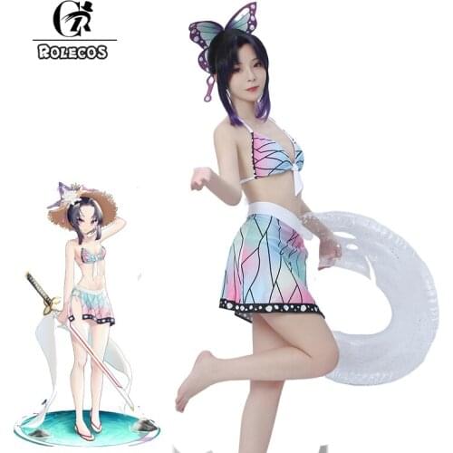 ROLECOS Demon Slayer Cosplay Costume Kochou Shinobu Swimsuit Woman Two Piece Bikini Beach Set Halter Neck Swimwear Bathing Suit