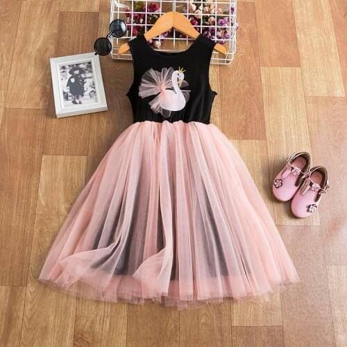 Girls Summer Princess Dress Sleeveles Swan Embroidery Pattern Mesh Tutu Elegant Sweet Birthday Party Ball Gown For Children