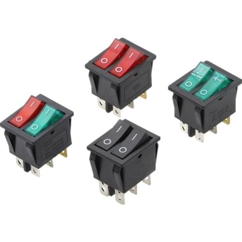 1pcs Double Rocker Switch DPST 6 Pin On-Off With Green + Red Light 20A 125VAC Latching Switch w Waterproof cap