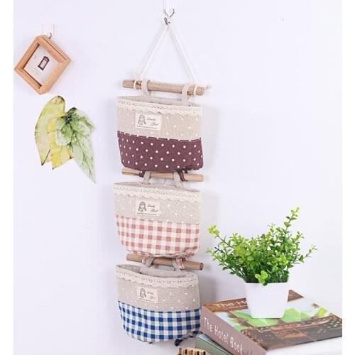 Cotton Linen Bag Lace Plaid Storage Bag Single Pocket Hanging Bag Hanging Storage Bag