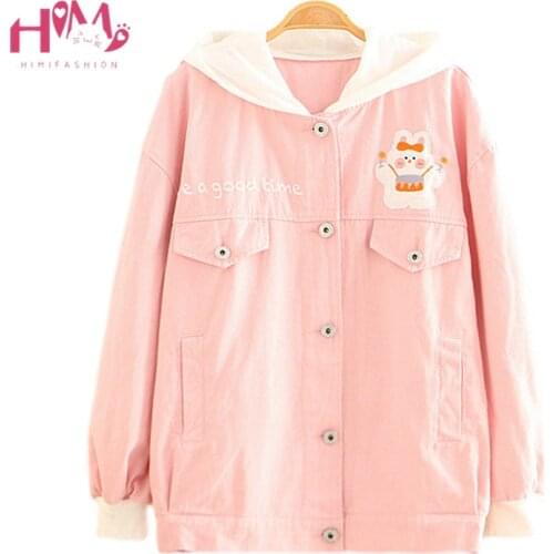 Cute Rabbit Zip Up Hoodies and Sweatshirt Women Kawaii Rabbit Cartoon Stitch Long Sleeve Teens Schoolgirl Pink Loose Jacket 2020