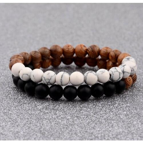 DOUVEI Fashion Natural Wood Beads Bracelets White&Black Matte Onyx Prayer Bead Bracelet Women Wooden Yoga Jewelry