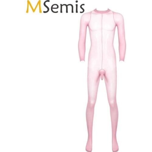 MSemis Men Bodystocking Transparent Bodysuit Erotic See Through Sheer Long Sleeves Open Penis Sheath Design Closed Toes Pantyhos