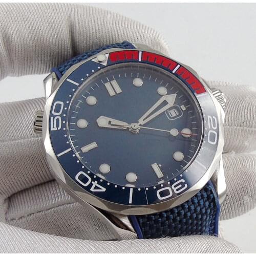 Miyota 8215 41mm Automatic Mens Watch Date Display Blue Dial Sapphire Glass Ceramic Insert Rubber