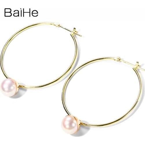 BAIHE Real Solid 14K Yellow Gold 7.5-8mm Natural Freshwater Pearl Earrings Trendy Fine Jewelry Pearl Stud Earrings Women Girl