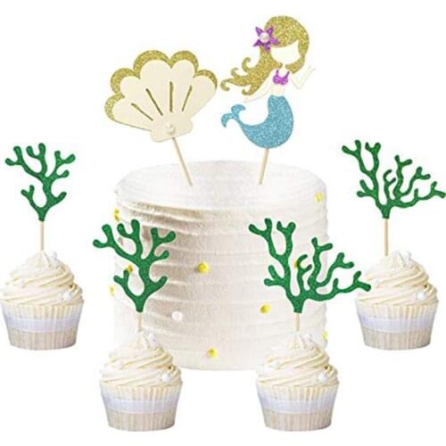 Ocean under the sea Mermaid Themed Happy Birthday Party Baby Shower Girl Cupcake Cake Topper seashell Decoration Supplies gift
