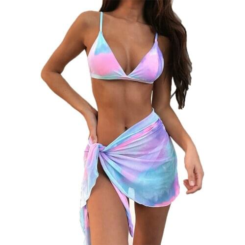 QINJOYER Sexy 3 Pieces Bikini Women Tie dye Print Swimsuit Thong Bikini Set Women Swimwear Biquini 2021 Micro Swimsuit Halter