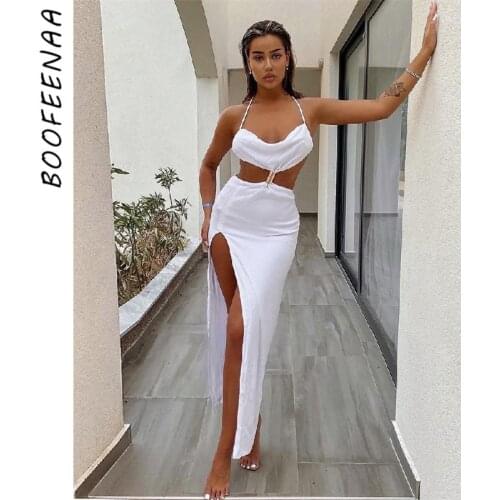 BOOFEENAA Sexy Party Dress Black White Open Back Halter High Split Maxi Dresses for Women Elegant Birthday Club Outfits C82-CB21