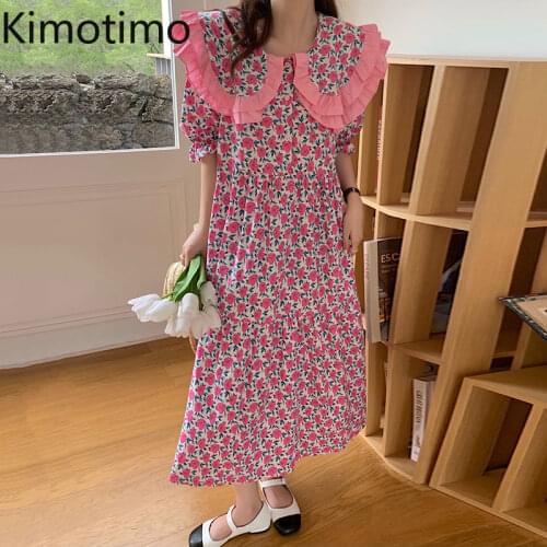 Kimotimo Floral Puff Sleeve Dress Women Korean Summer Age Reduction Fungus Peter Pan Collar Loose Sweet Long Ladies Dresses