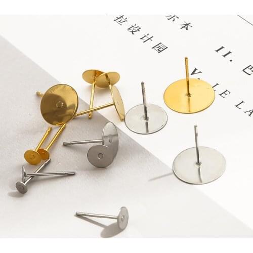20/100pcs/lot Gold Rhodium Tone Stainless Steel Flat Pad Earring Studs 3-12mm On Post Earring Cabochon Base Jewelry Accessories