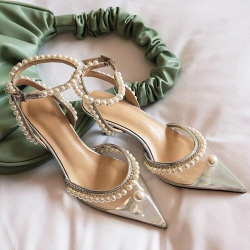 Pointed Head Transparent Sandals Female Summer 2021 New Pearl Rhinestone High Heels Fine Fairy Style Sandals