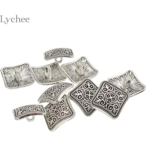 Lychee Life 10pcs Square Silver Flower Metal Shank Button Carved Jeans Button DIY Sewing Craft 13x13mm