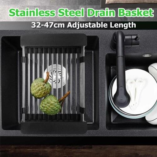 Stainless Steel Adjustable Telescopic Kitchen Over Sink Dish Drying Rack Insert Storage Organizer Fruit Vegetable Tray Drainer