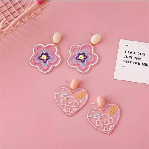 Romantic Ear Accessories Sweet Heart Flower Colorful Acrylic Dangle Earrings For Women Girls Fashion Jewelry Bijoux Pendientes