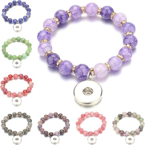 Snap Jewelry Crystal Crack Stone Beads Stretch Bracelet 18mm Snap Button Charm Bracelet Women Men Couples Bracelets Dropshipping