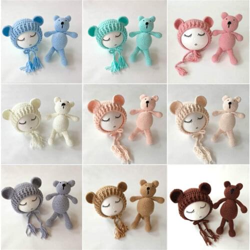 YUXIC 2020 Cute Baby Knit Hat Cartoon Bear Doll Set Infant Boys Girls Costume Photography Props Newborn Accessories