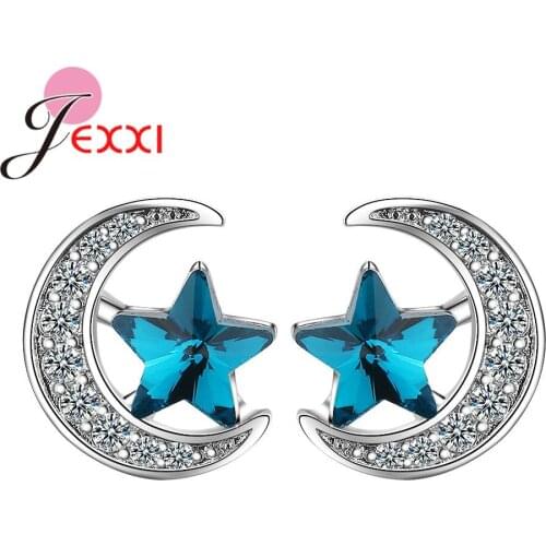 New Brand Korean Style 925 Sterling Silver Stud Earrings For Women Star Moon Cubic Zirconia Exquisite Romantic Jewelry