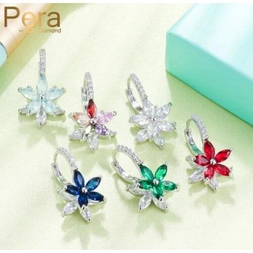 Pera High Quality Blue Green Colorful CZ Crystal Cute Flower Silver Color Ear Stud Earrings for Fashion Women Party Gift E114