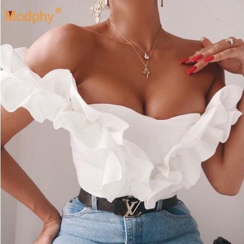 Autumn Sexy White V-Neck Wrap Chest Strapless Backless Bandage Vest Ruffled Celebrity Runway Party Short Top 2020 New Clothing