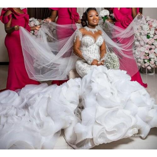 New Arriva Mermaid Dresses O-neck Beaded Satin Lace Flower Long Sleeves Ruffle Pageant Dresses For Bride Custom Made Bridal Gown