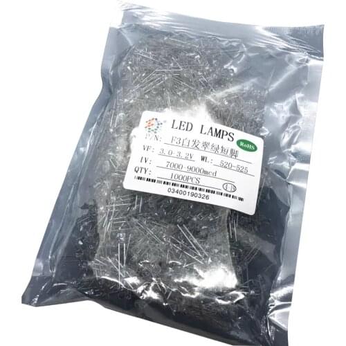 1000PCS F3 3MM true green DIP LED , water clear , short pins, round 520-525nm 3.0-3.2v 7000-9000mcd pure green light beads