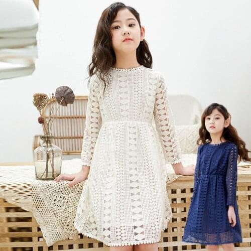 2021 Lace Teenage Dresses Girls White Blue Wedding Party Dress For Kids Long Sleeve Children Clothing Spring Autumn Summer Cute