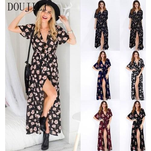 DOUJILI 2021 Fashion Women Dress Popular Style Flower Printing Middle Open Short Sleeve Summer Dress With Belt